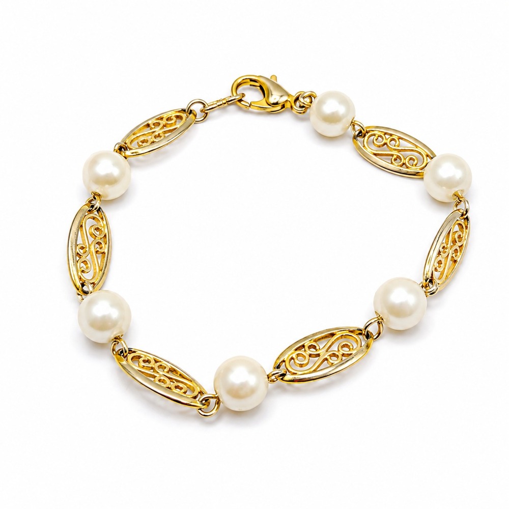 Vintage Gold Tone Filigree Bracelet Faux Pearl Station Link 7" Lobster Clasp